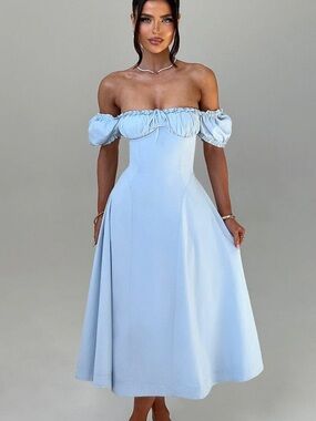 Off-Shoulder Light Blue Midi Dress with Puff Sleeves
